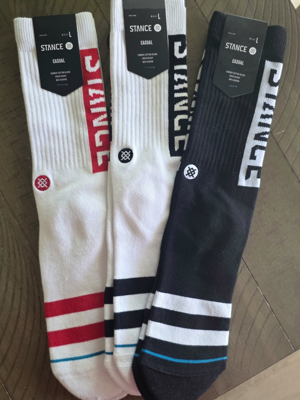 Stance Men's Casual Crew Socks (Lot 3) in White, Black and Red Accents - L